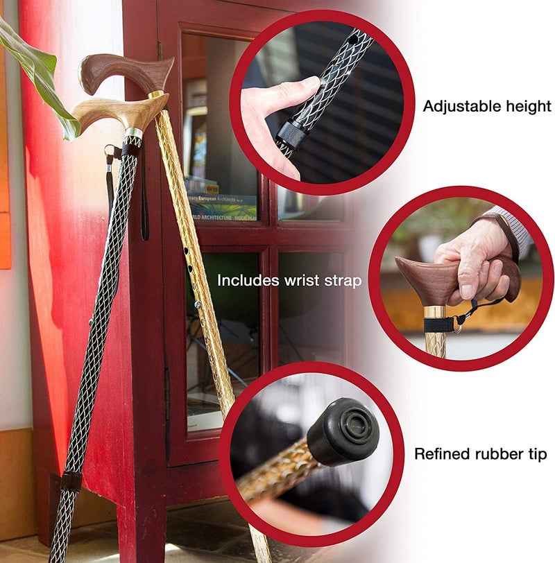 Brazos Adjustable Walking Cane for Men and Women Made of Lightweight Engraved Aluminum with Wooden Handle, Wrist Strap and Rubber Tip, Black and Silver Body with Red Oak Handle, FSA & HSA Eligible - Image 3